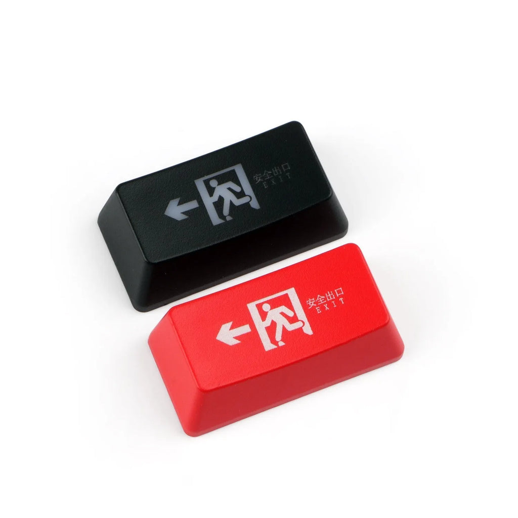 Transparent mechanical keyboard keycap with safety evacuation exit icon in red or black
