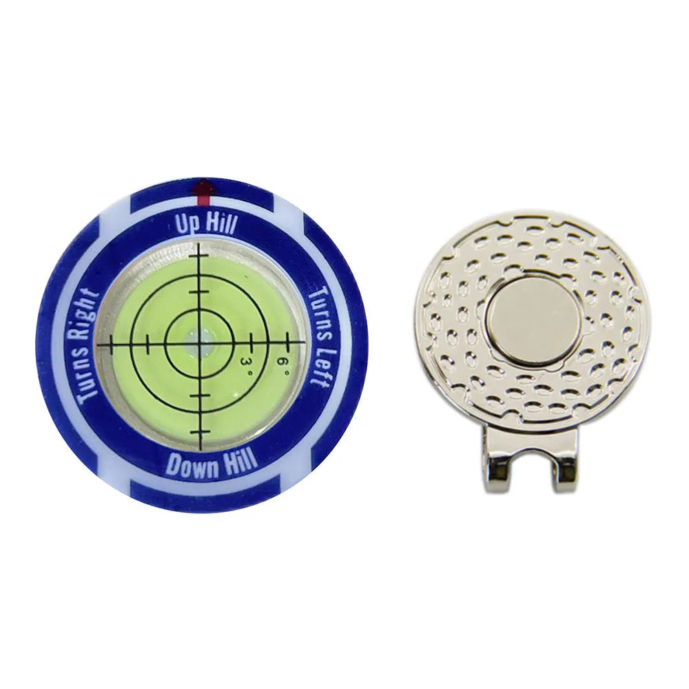 Golf level tool with clip for hat attachment showing position mark indicator