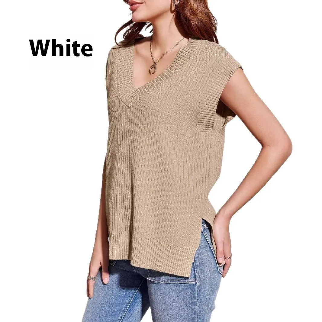 Women's V-neck sleeveless vest in striped viscose fabric with loose fit