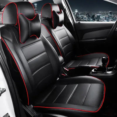 Cow leather car seat cover in beige or black with red line universal binding style