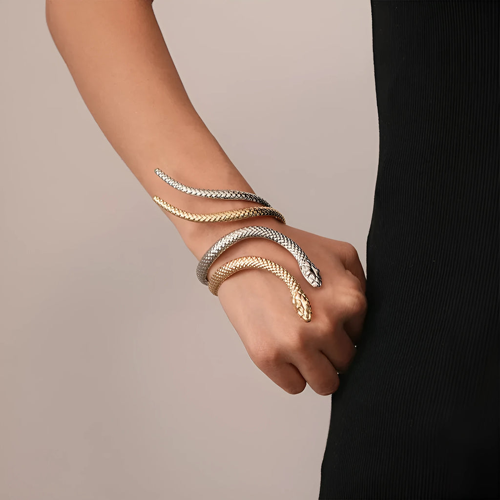 Exaggerated twisted winding simulated snake ring and bracelet two-piece metal jewellery set in gold or silver colour