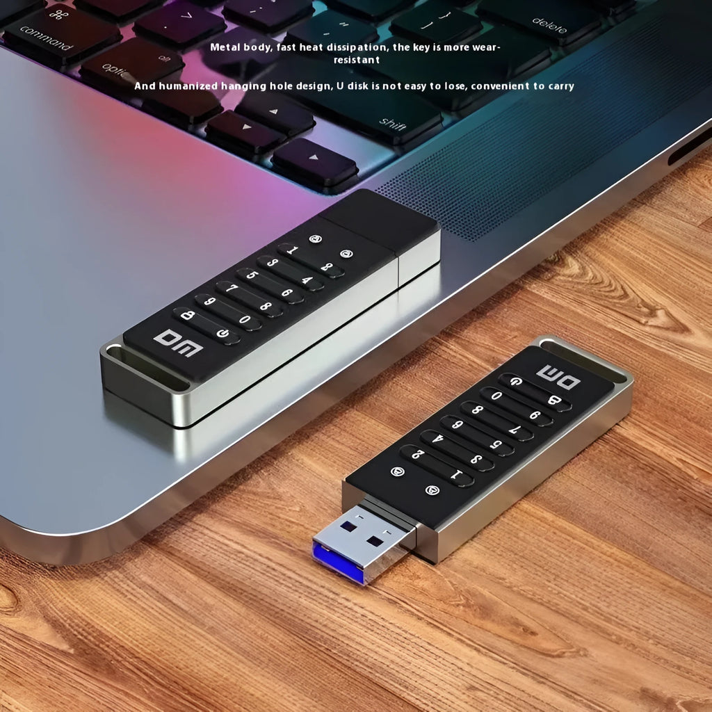 Silver metal fingerprint-encrypted USB flash drive showing size and scanner.