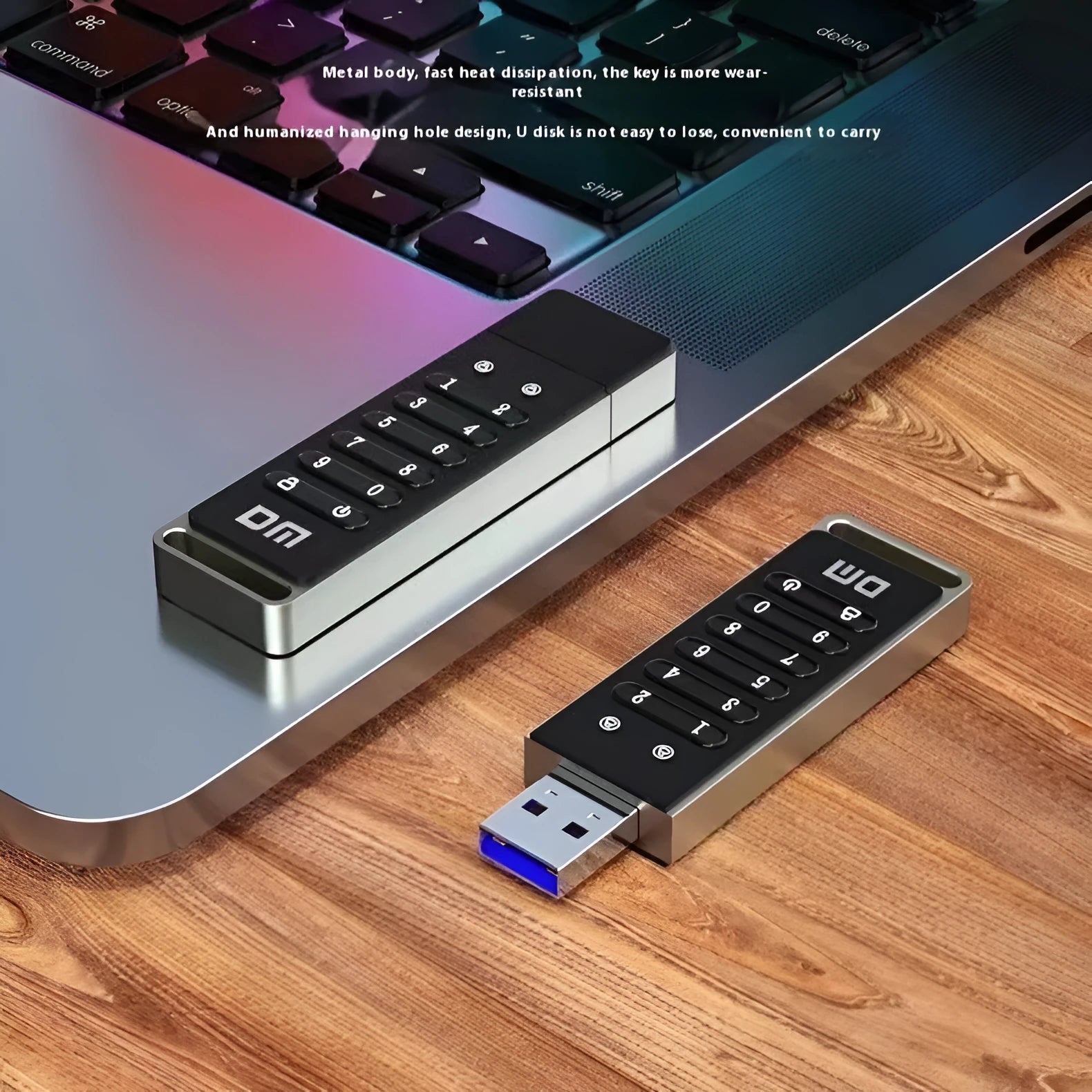 Silver metal fingerprint-encrypted USB flash drive showing size and scanner.