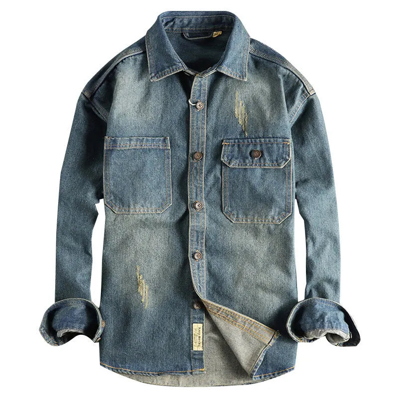 Men's light blue washed vintage denim shirt with loose cardigan fit and long sleeves