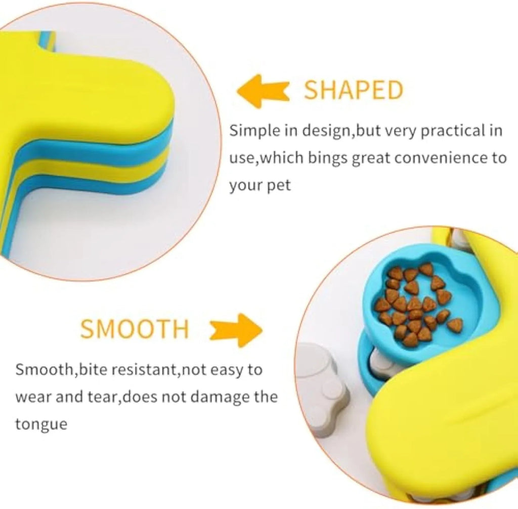 Yellow dog puzzle feeder toy with three rotating layers and claw-shaped lids