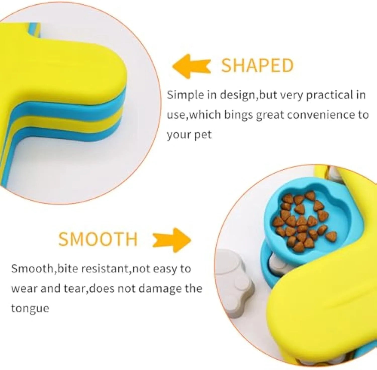Yellow dog puzzle feeder toy with three rotating layers and claw-shaped lids