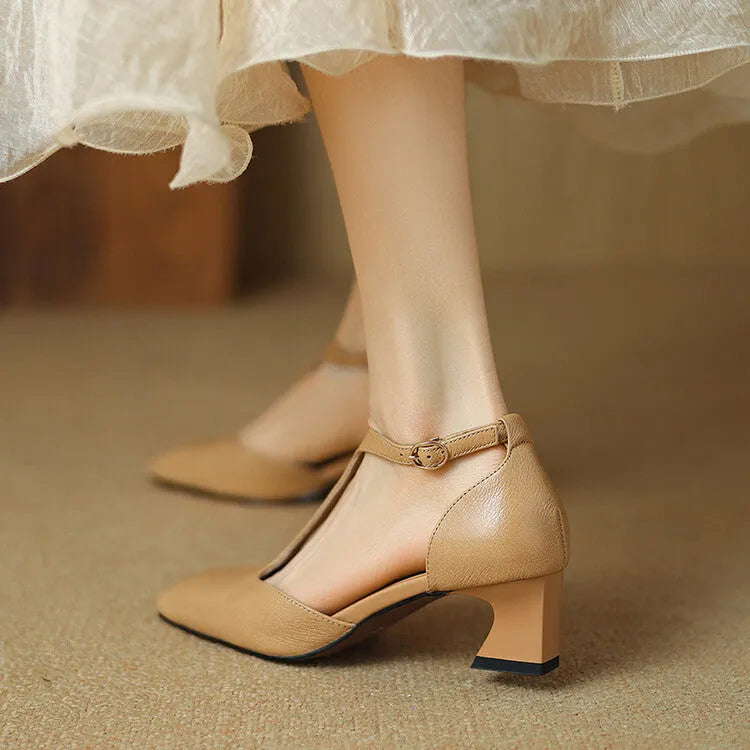 French retro square-toe chunky heel shoes in wine red sheepskin leather with buckle closure