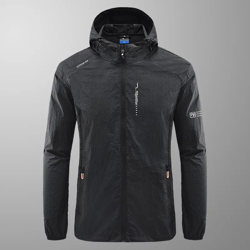 Men's light grey hooded summer jacket showing loose fit and nylon fabric texture