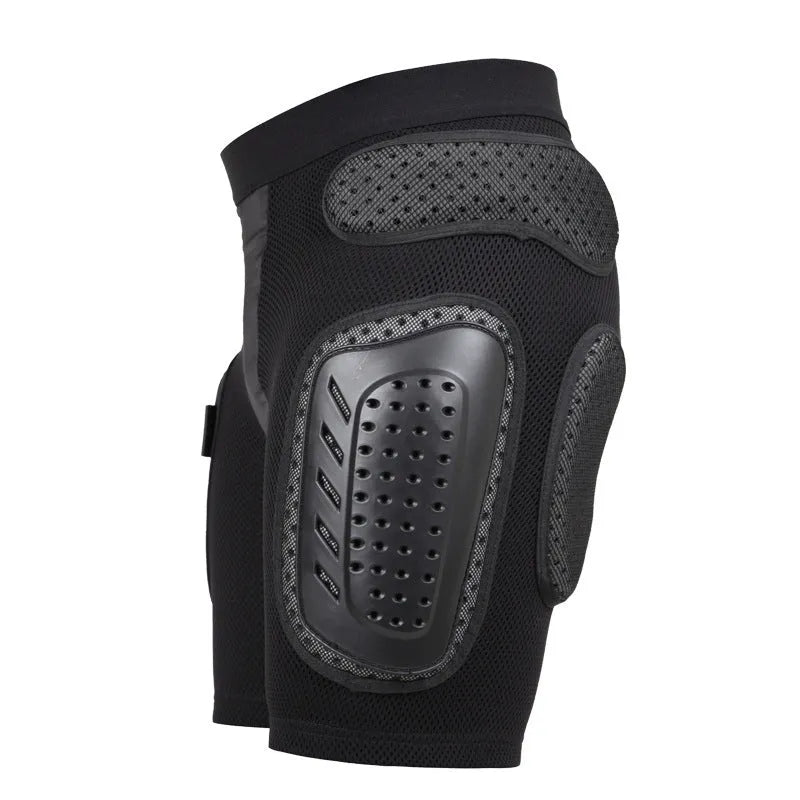 Black cycling hip pad pants showing integrated protective padding for sports safety in S M L XL sizes