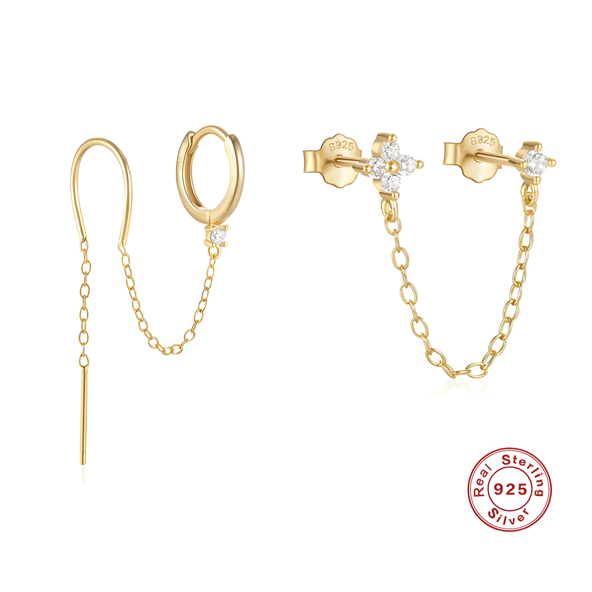 S925 sterling silver ear stud with a geometric diamond flower design and delicate tassel chain detailing in a gold tone finish.