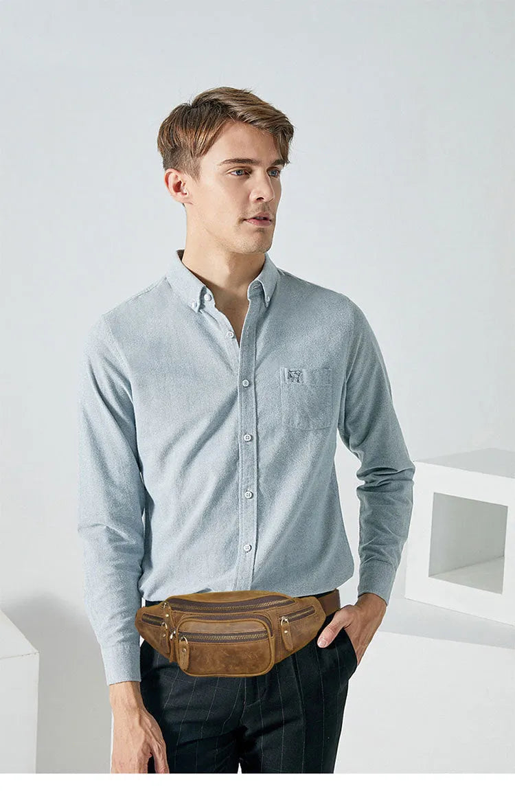 Retro leather shoulder messenger bag in dark crazy horse blue stroke showing large capacity and single strap design