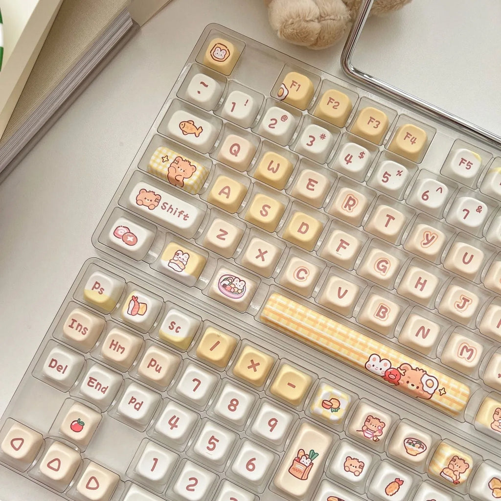 Rabbit Bear Restaurant themed PBT plastic keycap set with 140 EOA profile keys for mechanical keyboards.