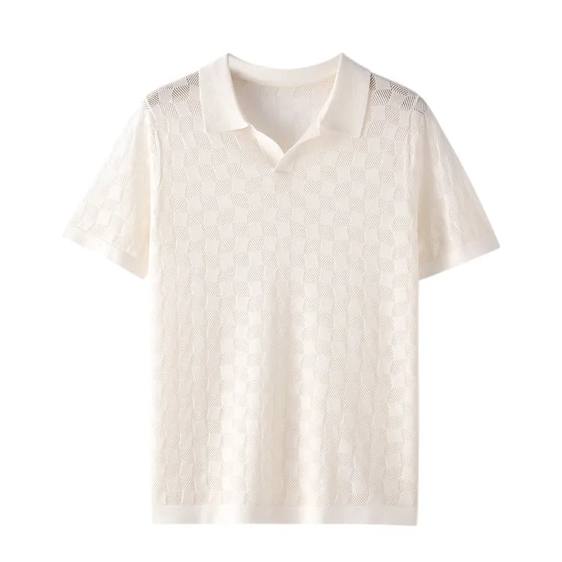 Men's short sleeve business casual lapels sweater in mulberry silk jacquard knit
