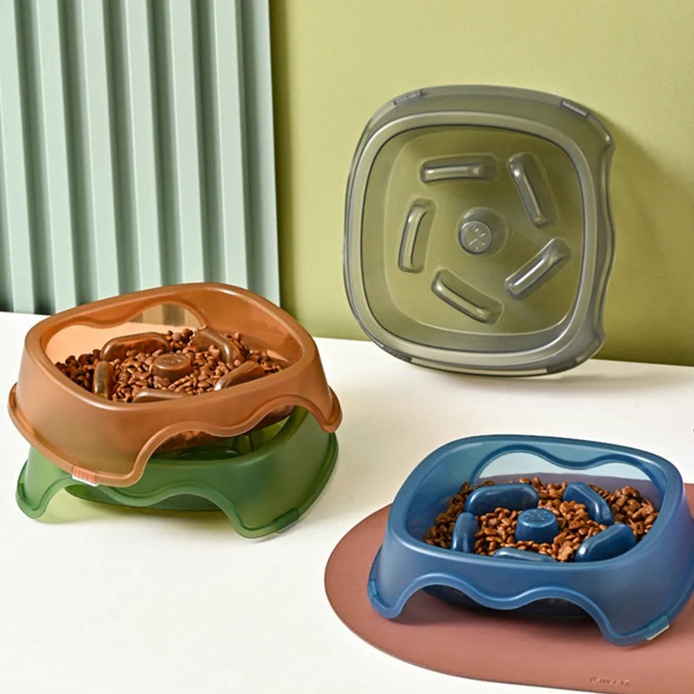 Plastic dog slow feeder bowl with maze pattern design in blue, grey, green or orange colours