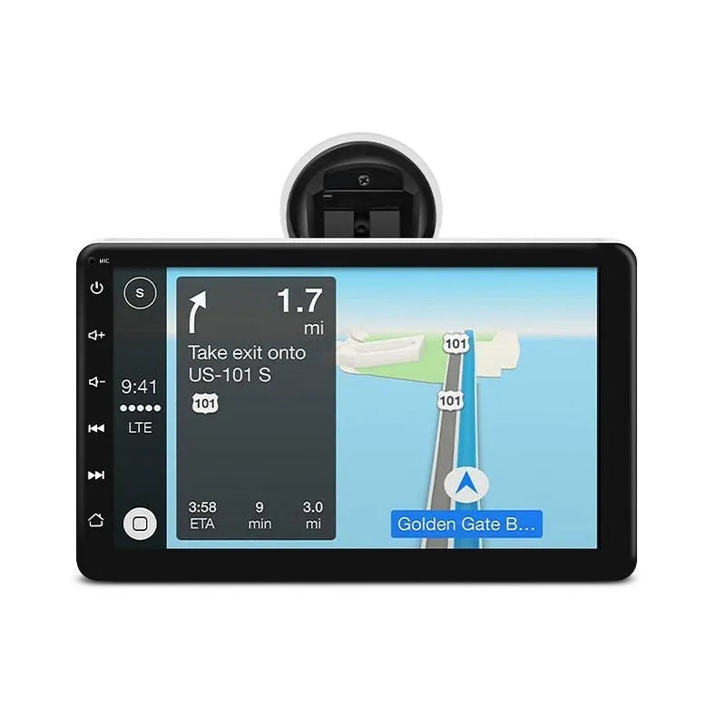 Wireless Bluetooth car navigation unit with 7 inch OLED screen showing map and reverse camera feed.