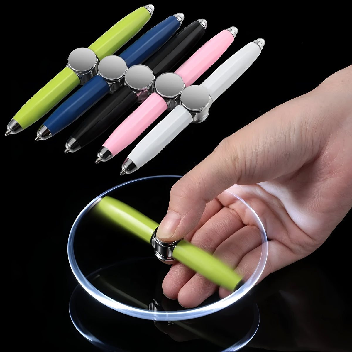 Metal LED pen spinner ballpoint pen showing spinner mechanism and writing tip with multiple ink colour options