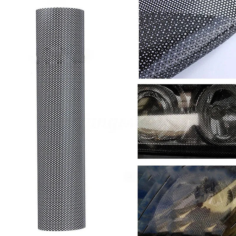 Roll of perforated mesh plastic adhesive film for DIY car wrapping, showing scale next to a 30cm ruler.