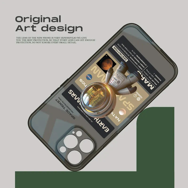 Black Niche Trendy Brand TPU soft phone case for iPhone with Mars Ticket graphic design pattern.