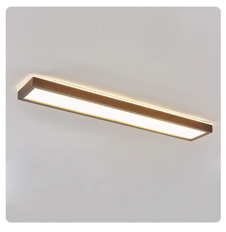 Solid wood long linear ceiling lamp in new Chinese style, shown in multiple length options.