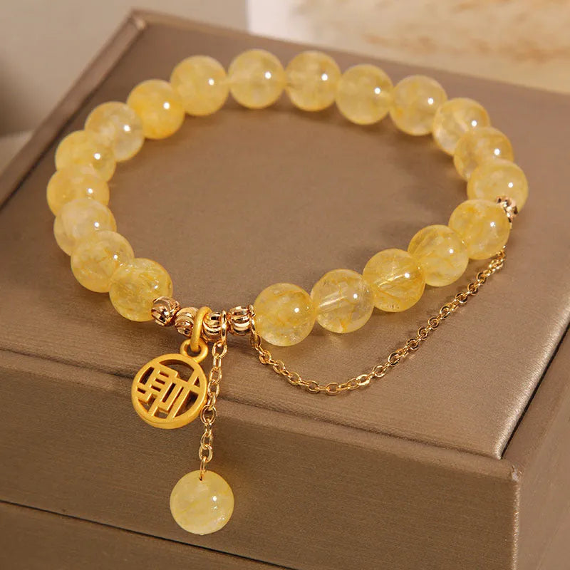 Natural citrine stone bracelet with electroplated metal and Chinese character tassel charm