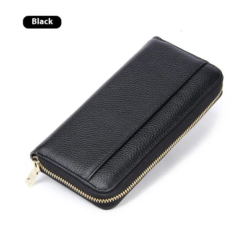 Genuine leather long wallet for women showing six colour options with anti-theft card protection