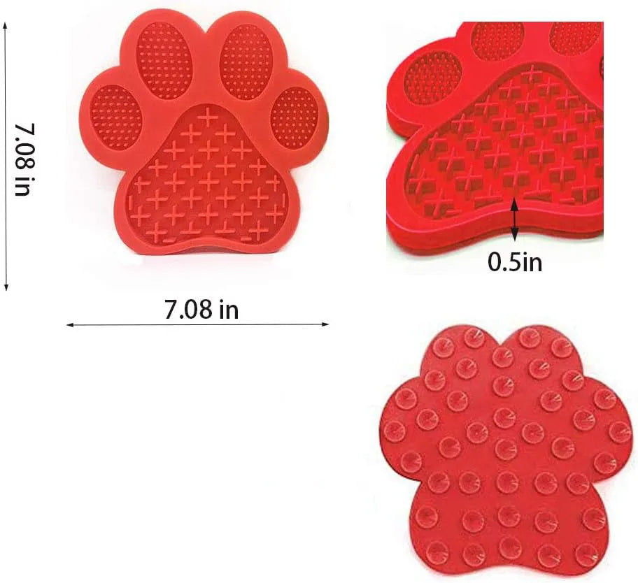 Square blue silicone dog licking mat with bone texture and suction cups on back.