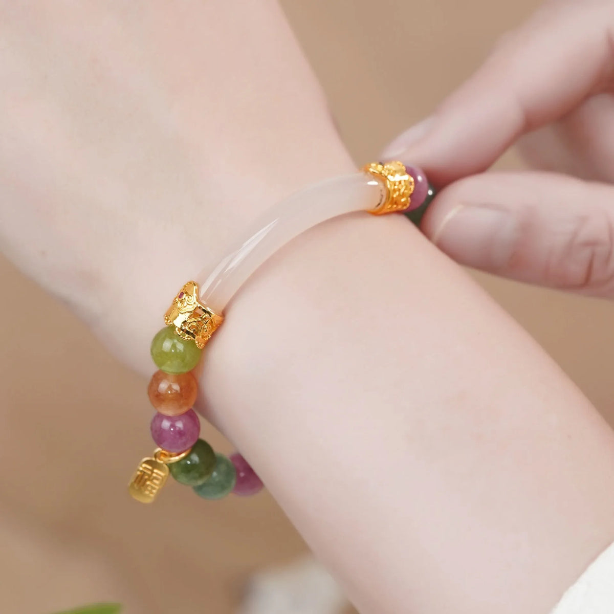 Natural tourmaline rainbow colour half bracelet for women with electroplated finish