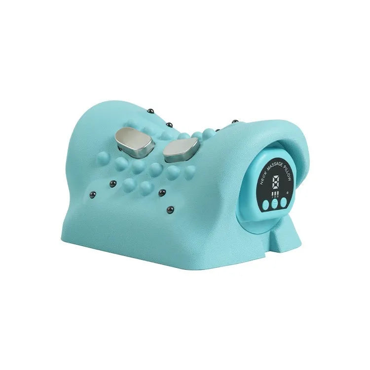 Blue-green cervical massage pillow with EMS, vibration and hot compress functions measuring 17x10x12cm
