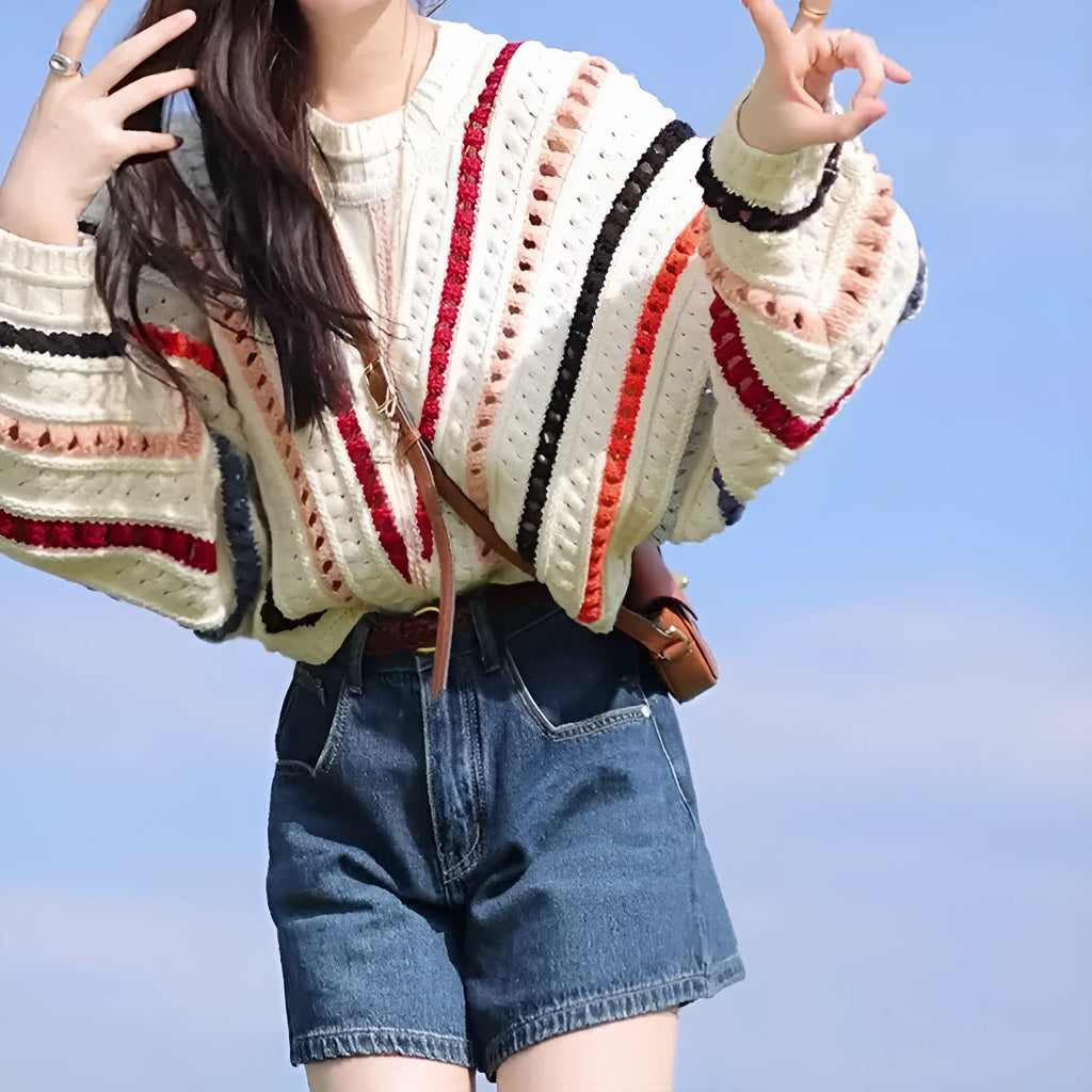Retro rainbow striped hollow knit sweater with round neck and batwing sleeves in loose free size fit