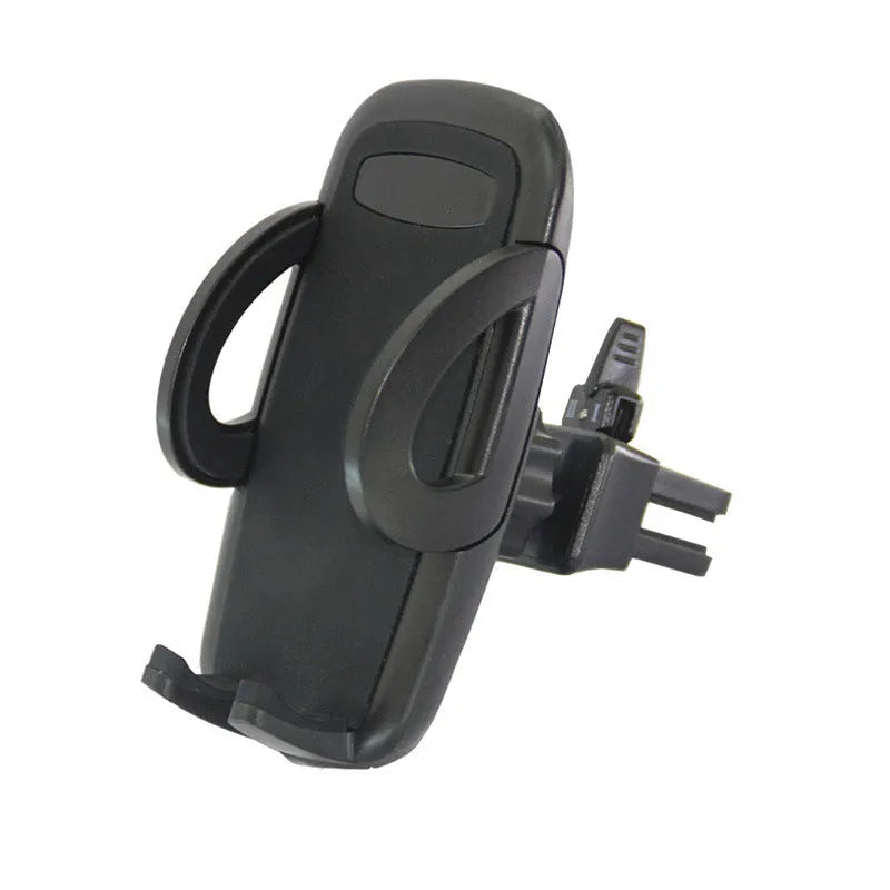 Black plastic mobile phone holder clipped to a car air conditioning vent.