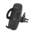 Black plastic mobile phone holder clipped to a car air conditioning vent.