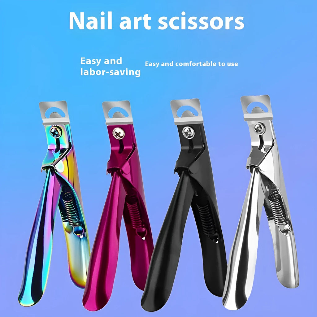 Stainless steel U-shaped nail art scissors in electrophoresis black and titanium finishes for French manicure tips.
