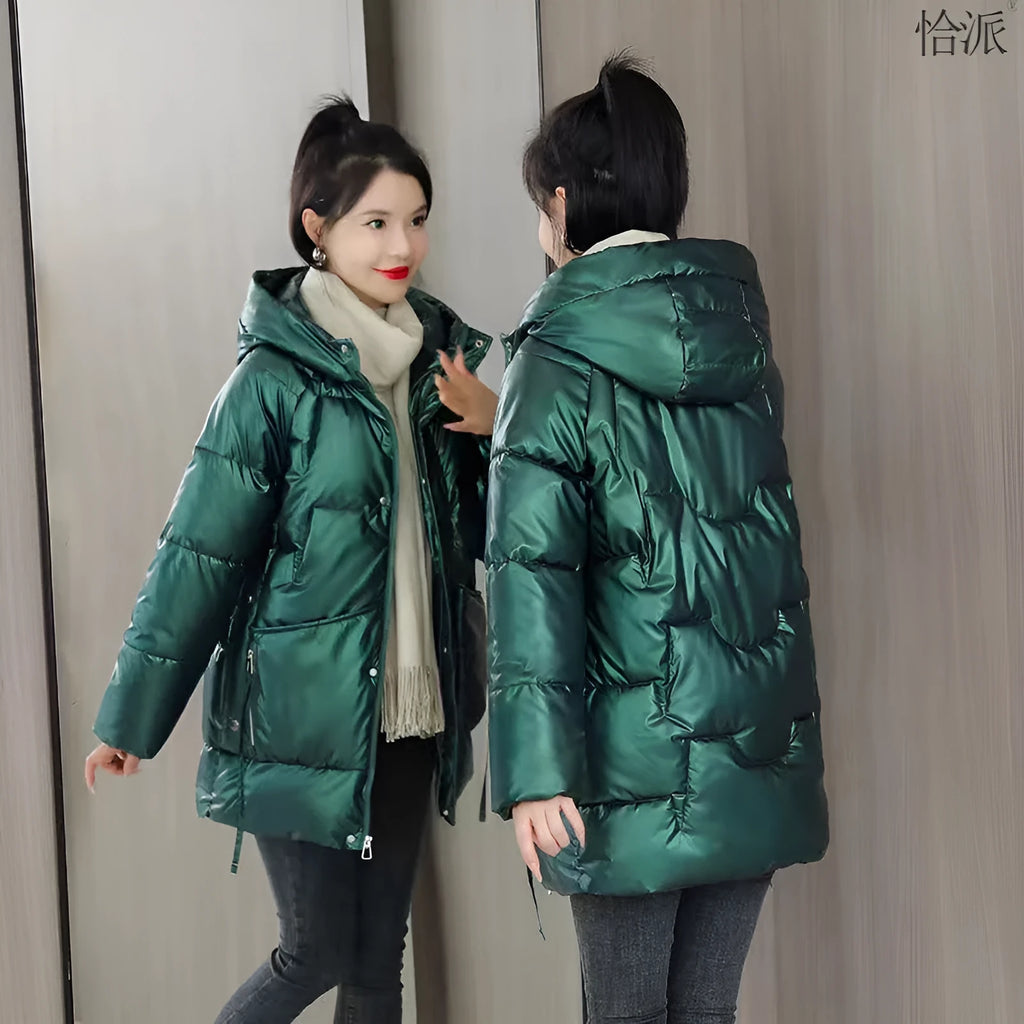 Women's loose thick hooded winter jacket in blue, showing front view with long sleeves.