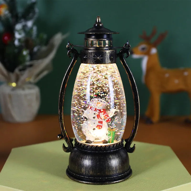 Plastic Crystal ball lamp with light, showing Snowman and Elderly Oil Lamp Christmas decoration designs.