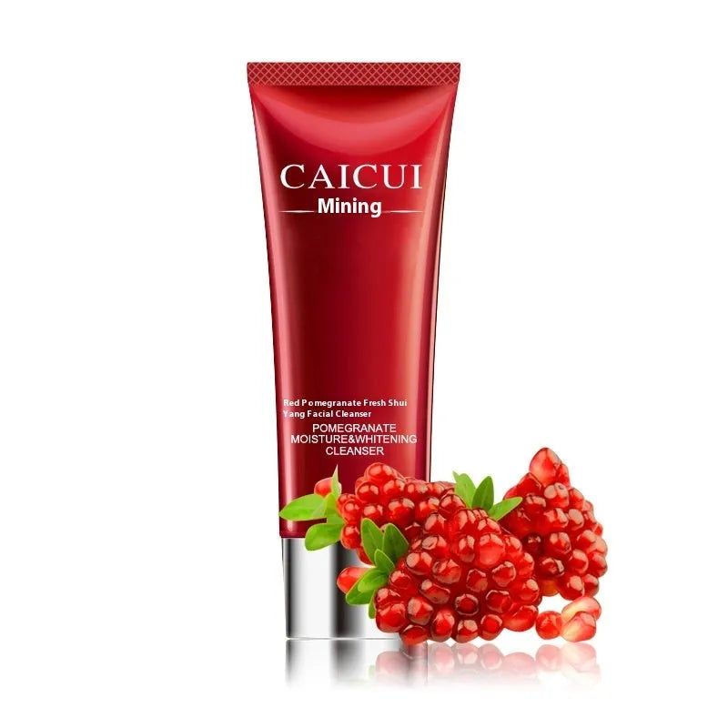 Pomegranate skin care set with four red packaged products: face wash, toner, lotion, and facial cream