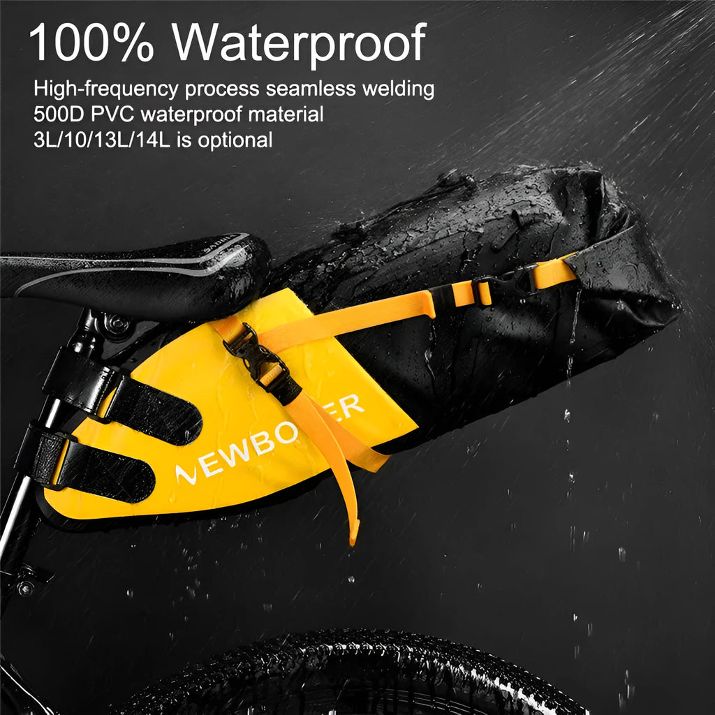 Waterproof bike tail bag in yellow, black, or green with 13-litre capacity for cycling storage
