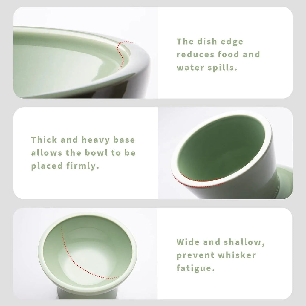 Ceramic elevated cat food and water bowls in blue, green, pink, and white colours