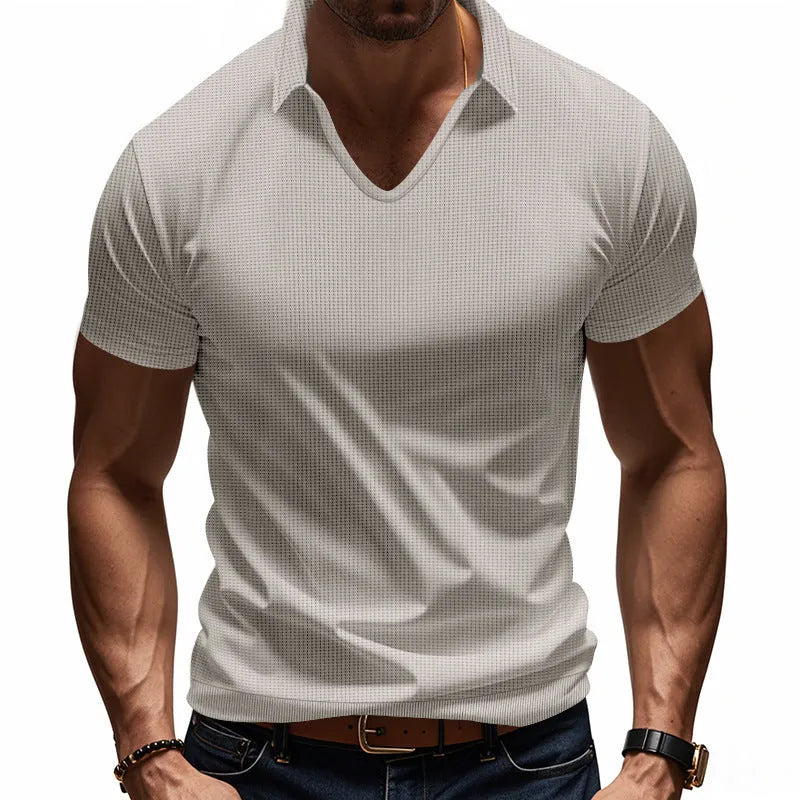 Men's casual V-neck t-shirt in loose fit with short sleeves, shown in light blue colour