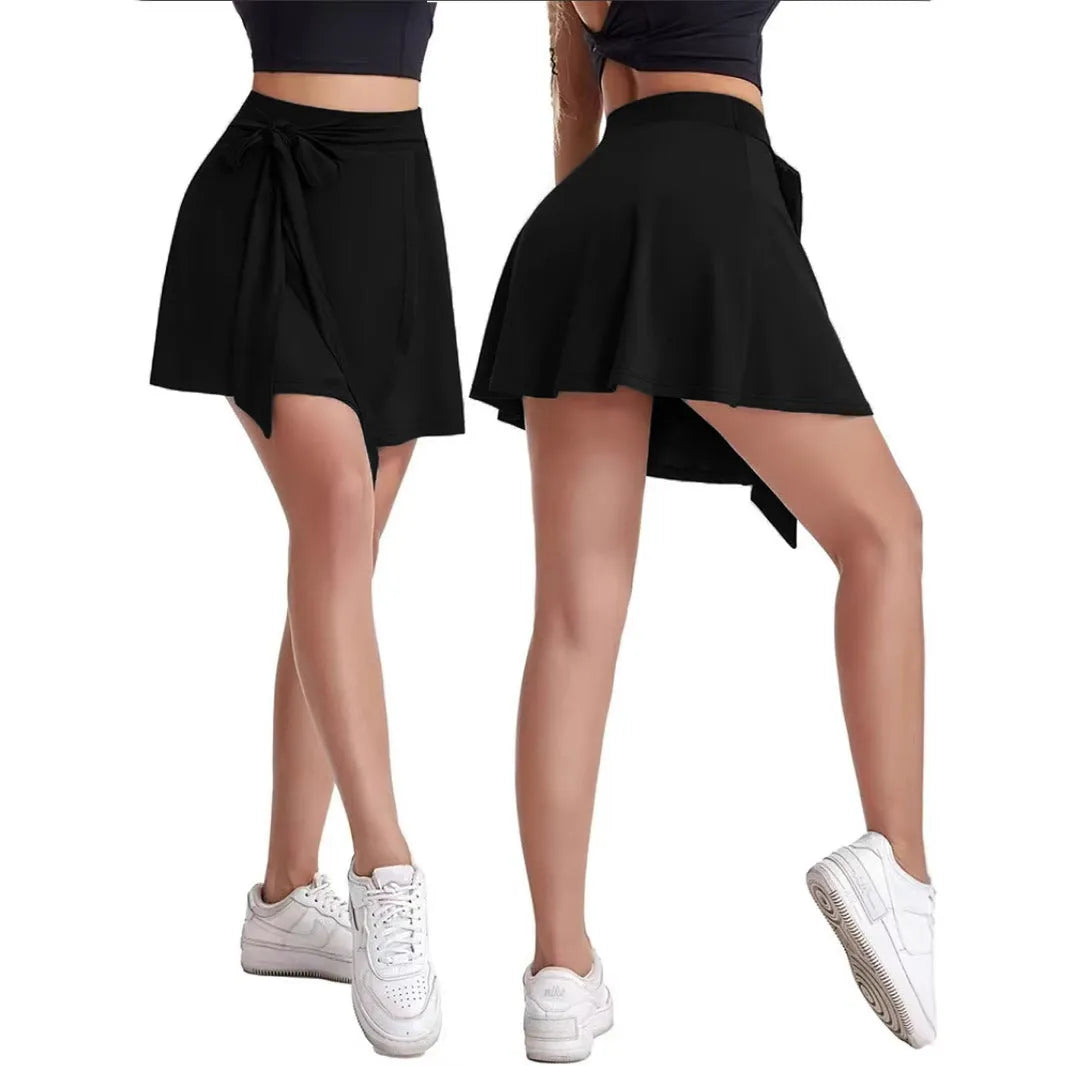 Black thigh-length anti-exposure sports skirt with built-in shorts, high waist, and unisex culotte style.