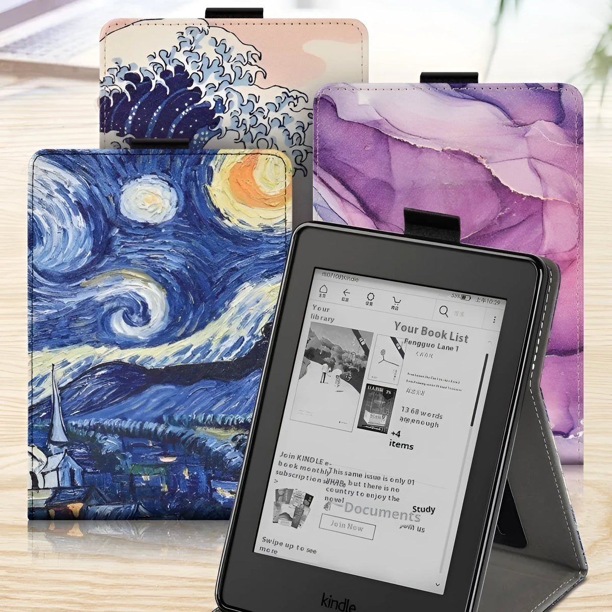 Printed TPU protective case for 6-inch Kindle e-reader showing embossed bracket design