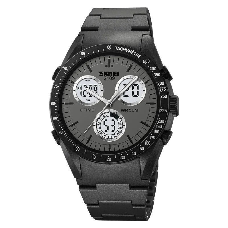 Electronic casual watch with a 50m waterproof rating shown in various colours including camouflage, on a flexible TPU strap.