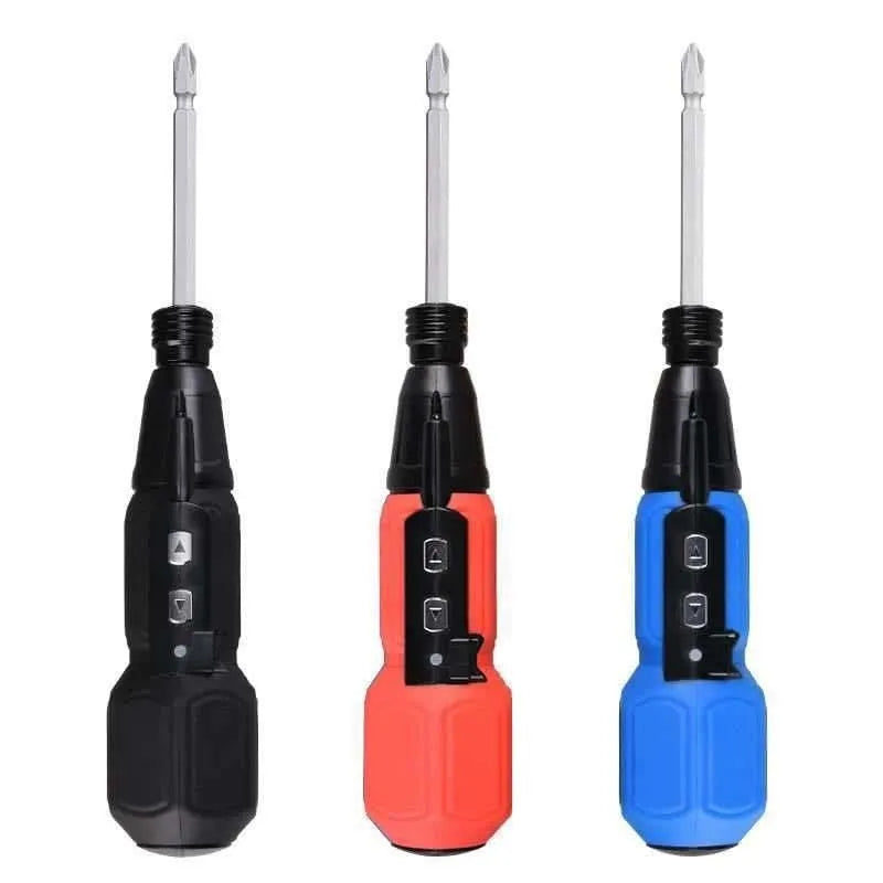 Black and blue 36V rechargeable electric screwdriver with a straight alloy steel handle.