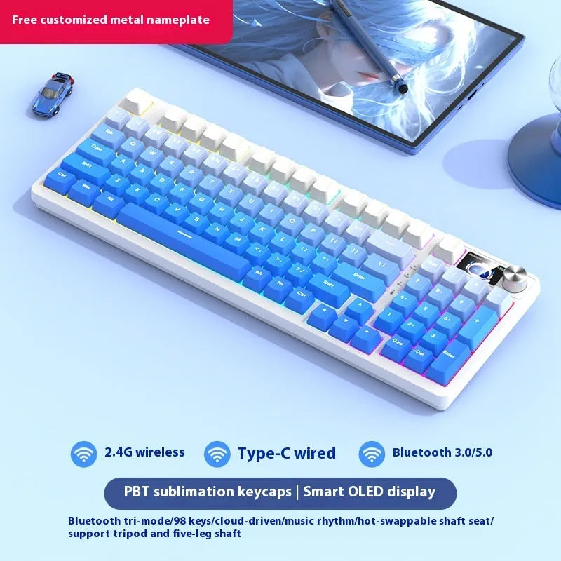 98-key wireless mechanical keyboard kit with metal control knob and optional display screen