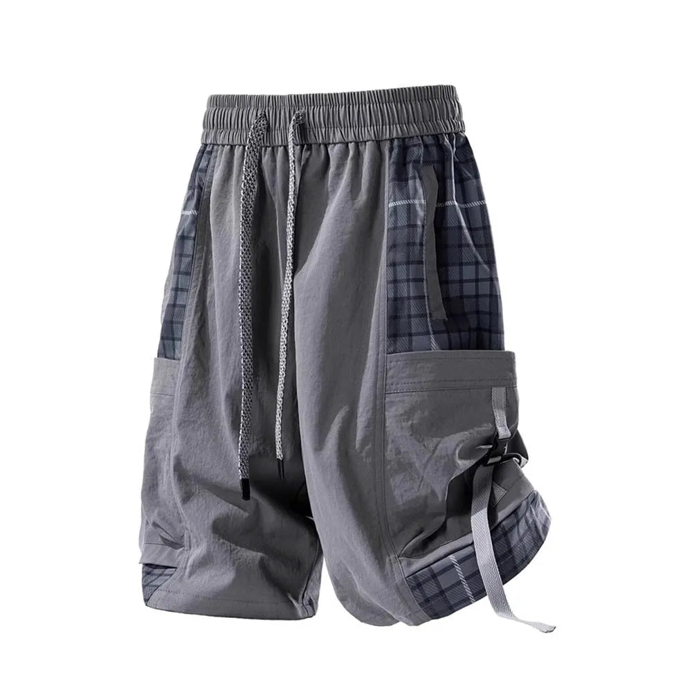 Men's loose cargo shorts with plaid stitching design in polyester micro-elastic fabric available in three colours