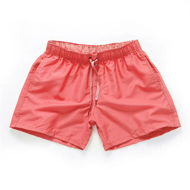 Men's straight leg beach shorts in polyester, shown in multiple colours and plus sizes.