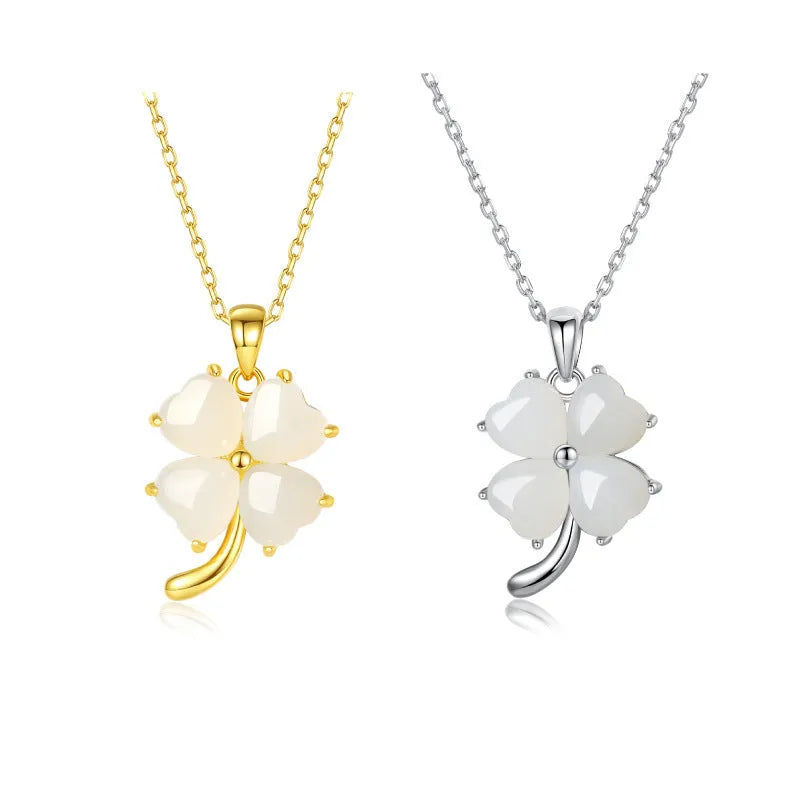Four-leaf clover necklace with Hetian jade pendant on a 925 sterling silver O-shaped chain, 41-50cm, gold or white gold colour