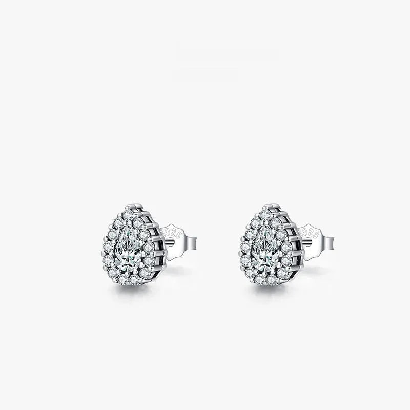 Pair of 925 sterling silver water drop shaped stud earrings with diamond process finish for women