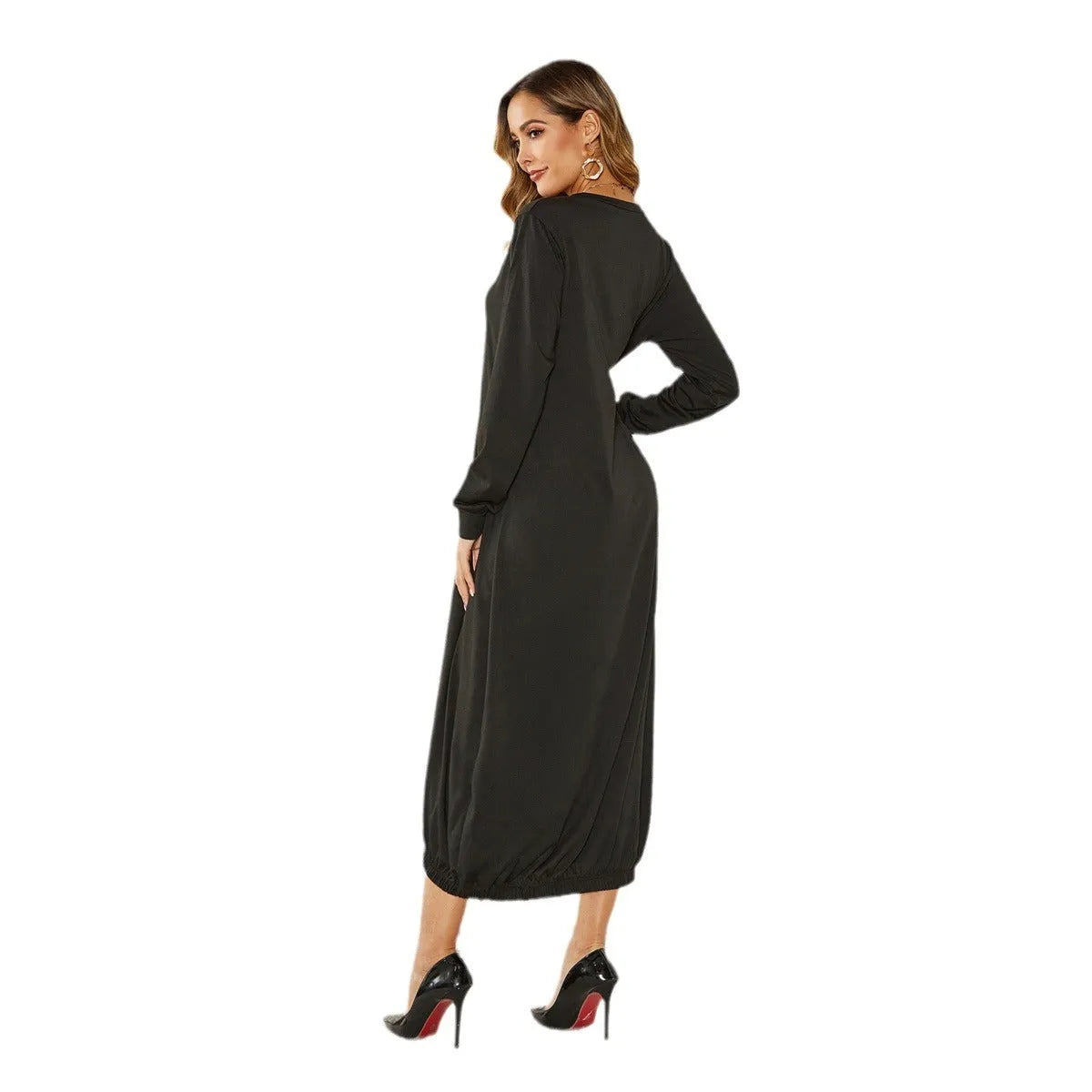 Black and grey lace-up crew neck loose long lantern dress made of knitted polyester in Japanese casual style