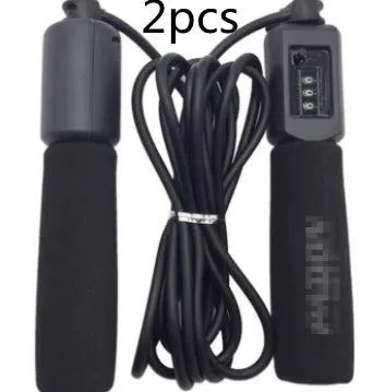 A fitness skipping rope with sponge handles, showing the 3m length and available in black, blue, green, and red colours.