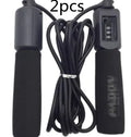 A fitness skipping rope with sponge handles, showing the 3m length and available in black, blue, green, and red colours.